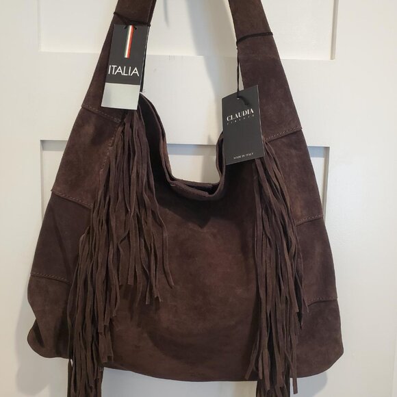 Claudia Firenze Emma Fringe Italian Calf Leather Suede Shoulder Bag Purse Brown - Picture 3 of 7